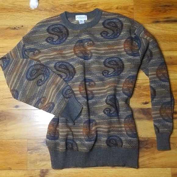 Vintage Tricots St. Raphael Paisley Print Sweater-Size L-Pure New Wool - Picture 1 of 5